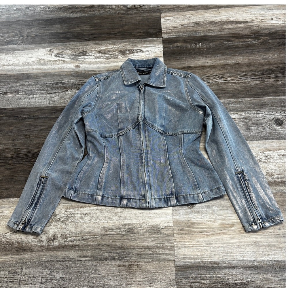 Blank NYC Blue Silver Metallic S Zipper Cuffs Glam Streetwear Moto Jean Jacket